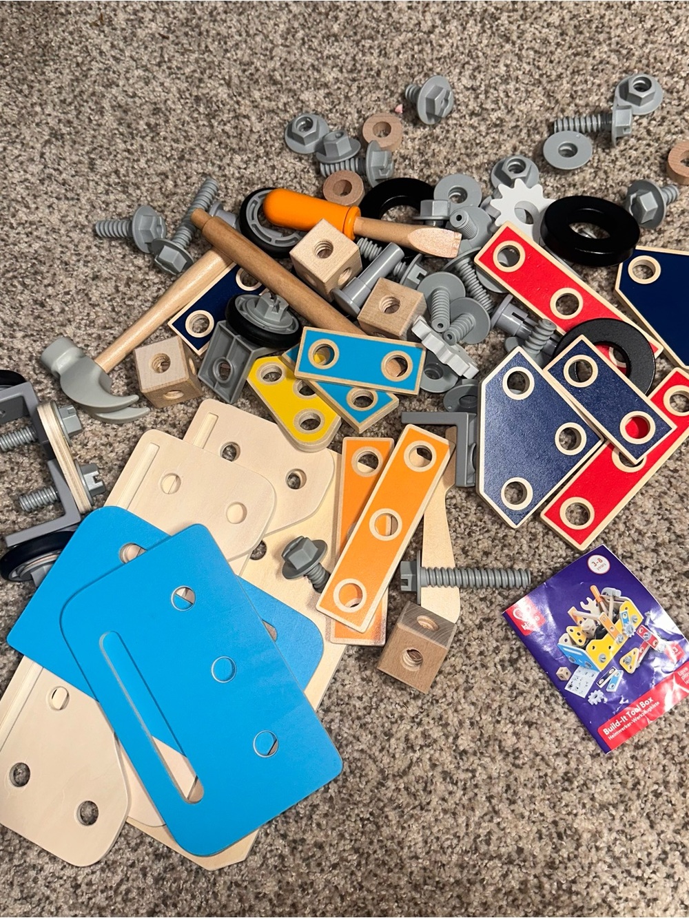 Wooden Construction Toy Set - Blue, Red, Yellow, Orange, Natural